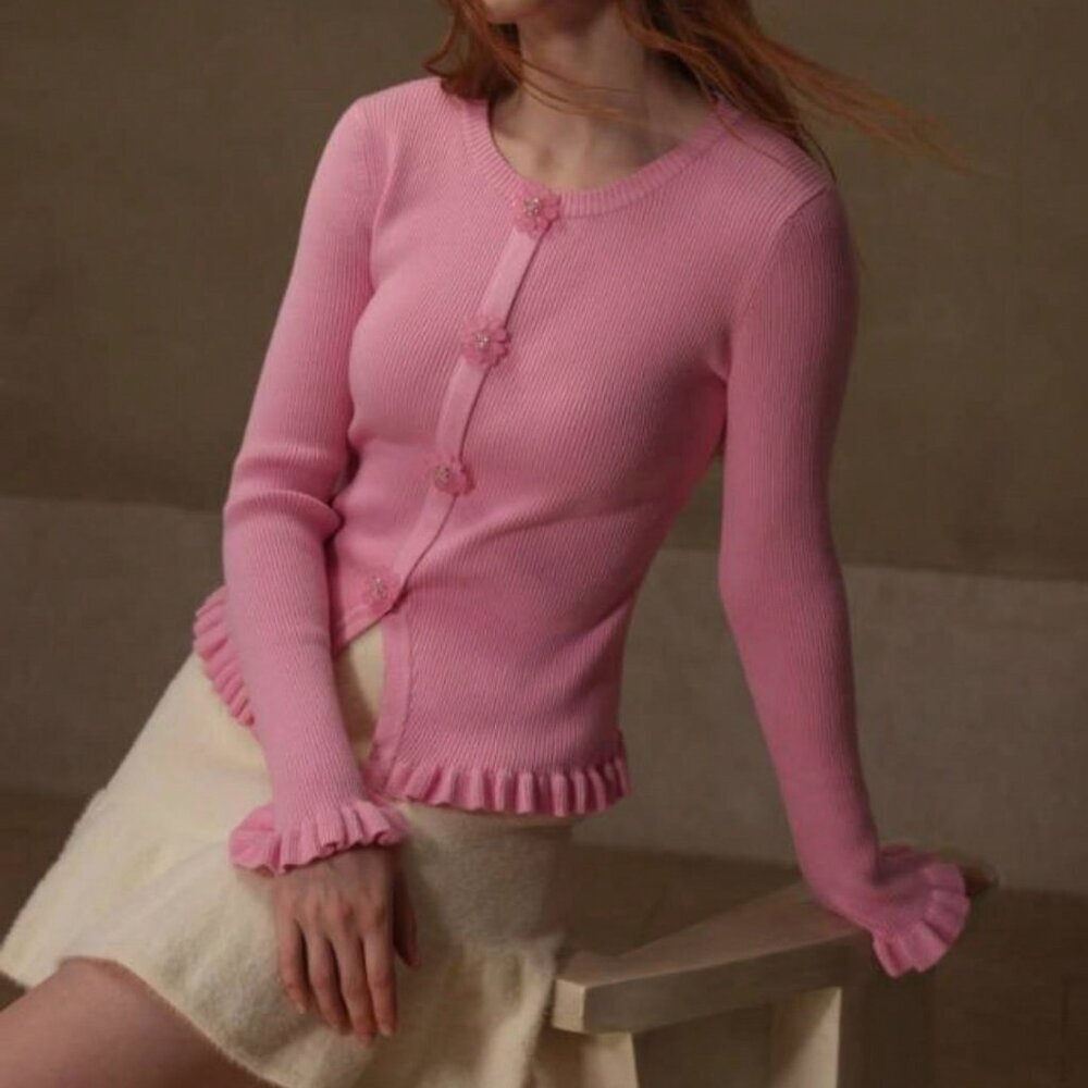 Baby Pink Casual Women's Rhinestone Flare Sleeve Sweater